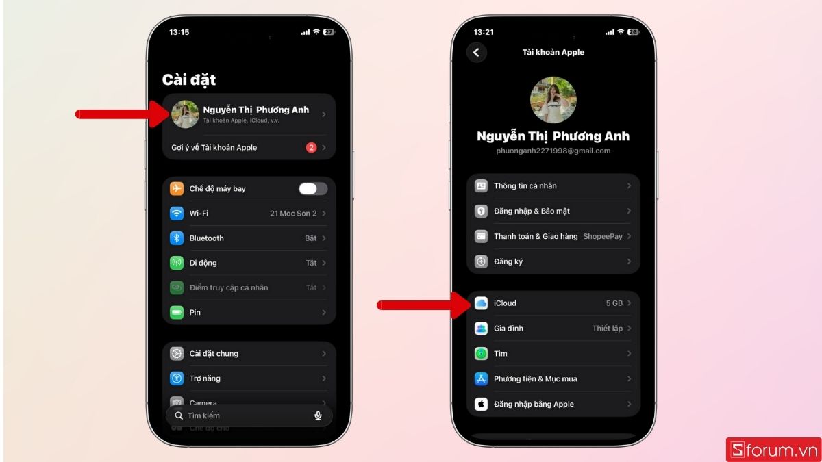 Mở iCloud trong Cài đặt