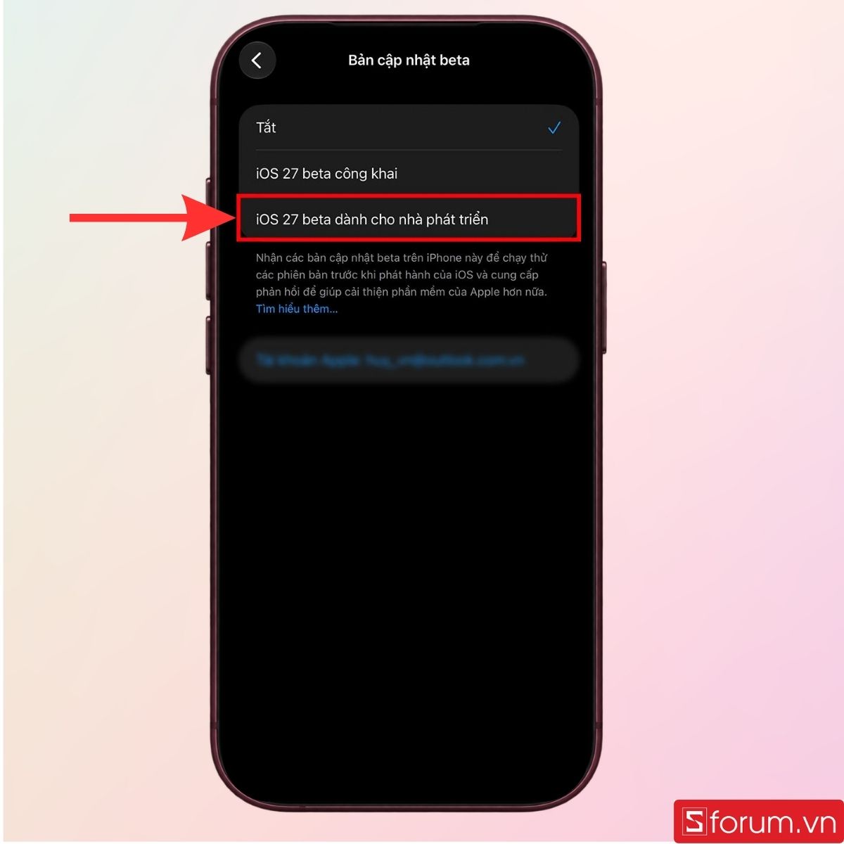 Tiếp tục nhấn chọn iOS 27 beta dành cho nhà phát triển