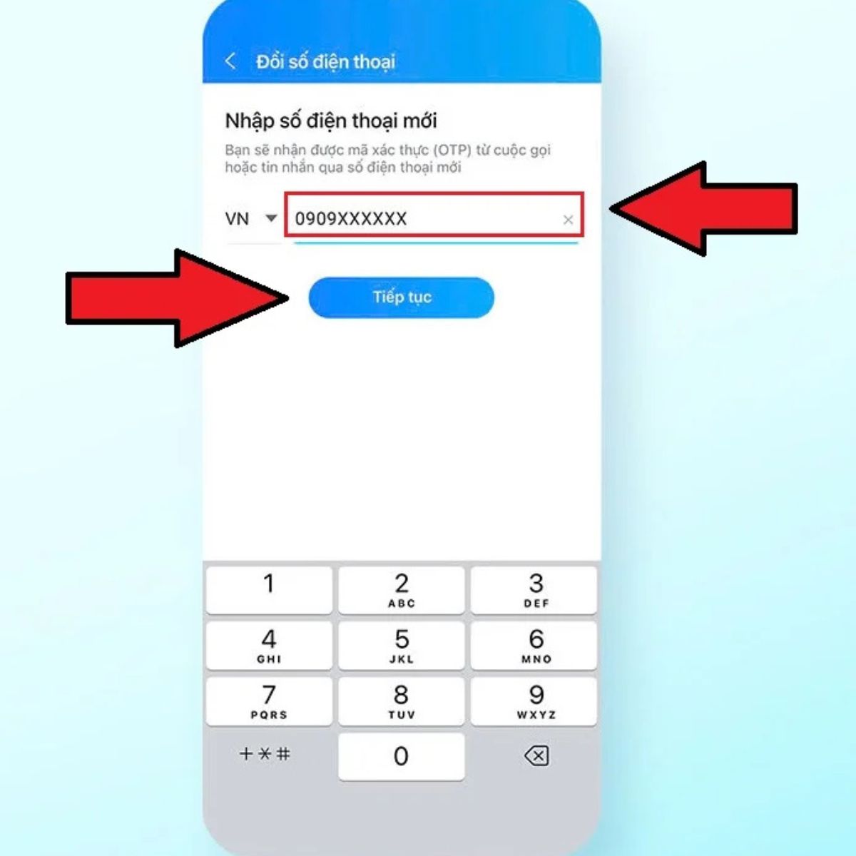 Nhập số điện thoại mới và tiến hành xác thực