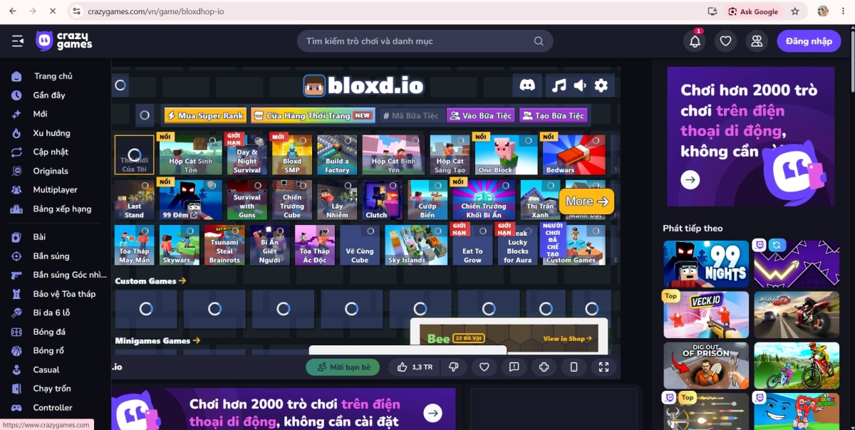 Các bước vào web Crazy Game chơi Bloxd io