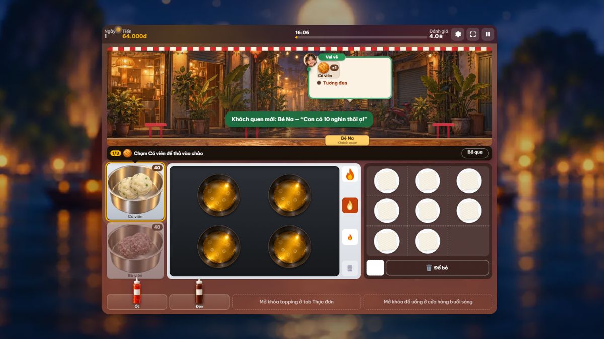 Giao diện game với xe cá viên chiên, chảo nóng, khay nguyên liệu và khách hàng đang chờ gọi món