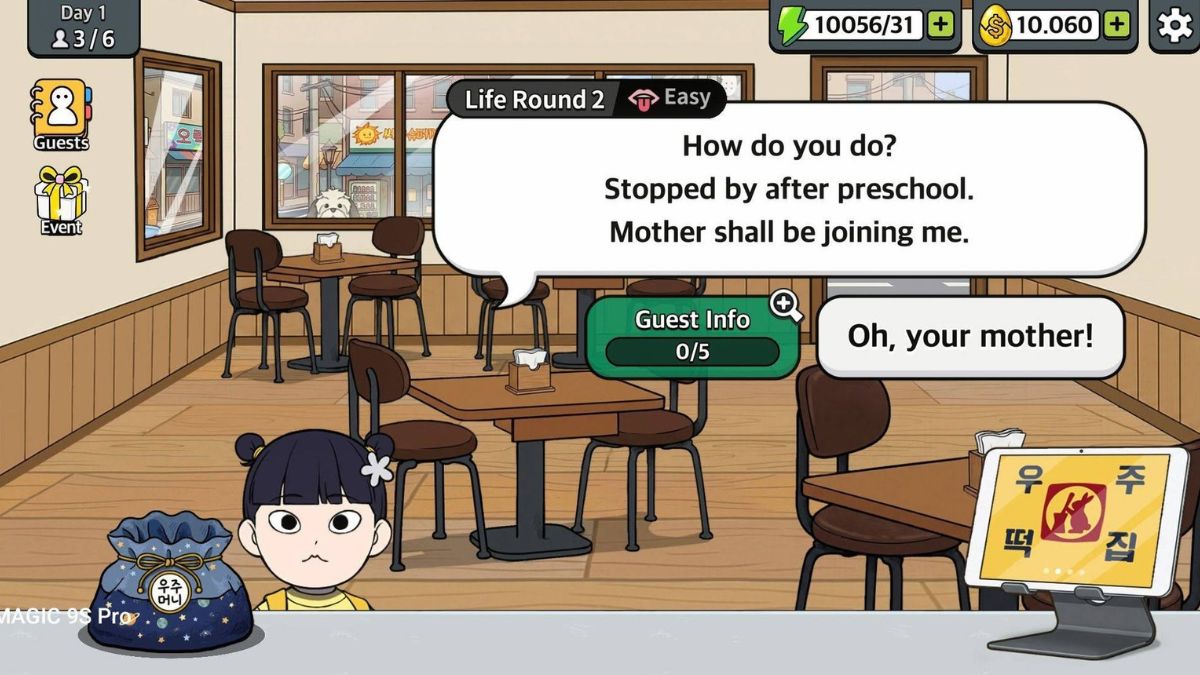 Giao diện quán ăn và nhân vật khách hàng trong Space Tteokbokki Tycoon