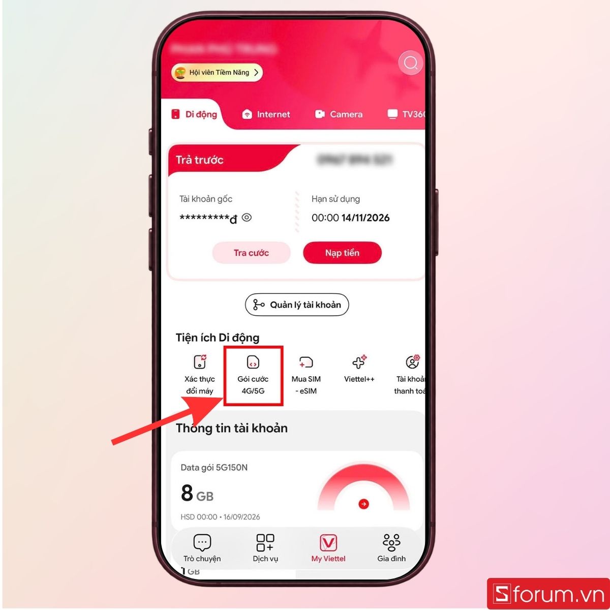 Nhấn chọn Gói cước 4G/5G trên giao diện màn hình
