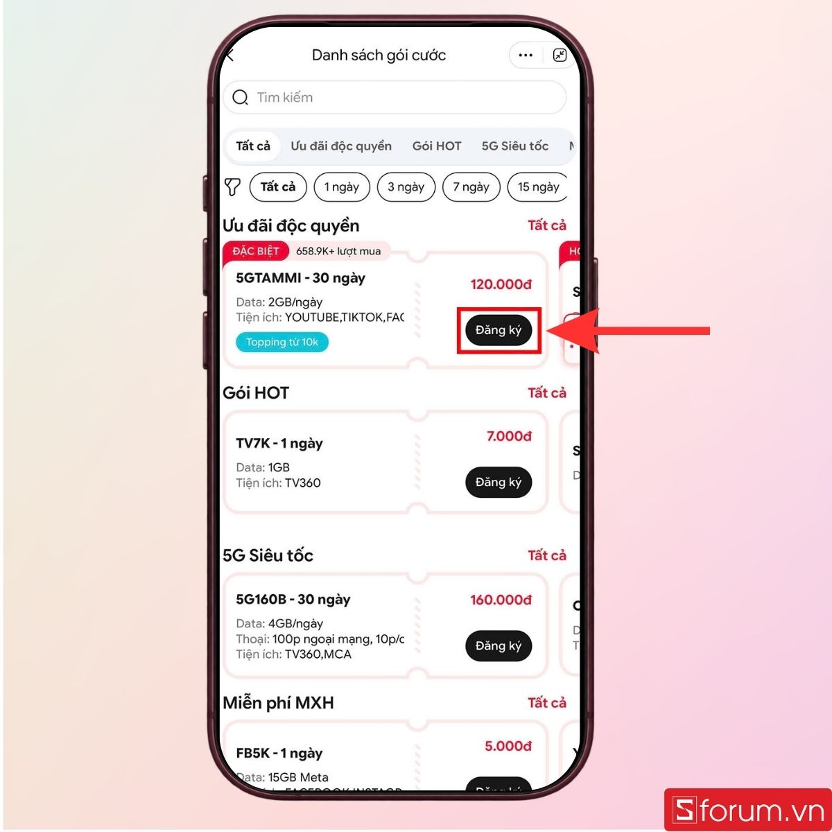 Nhấn chọn gói cước 5GTAMMI