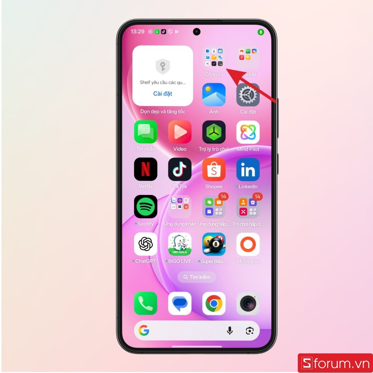 Nhấn vào phần Công cụ trên màn hình chính