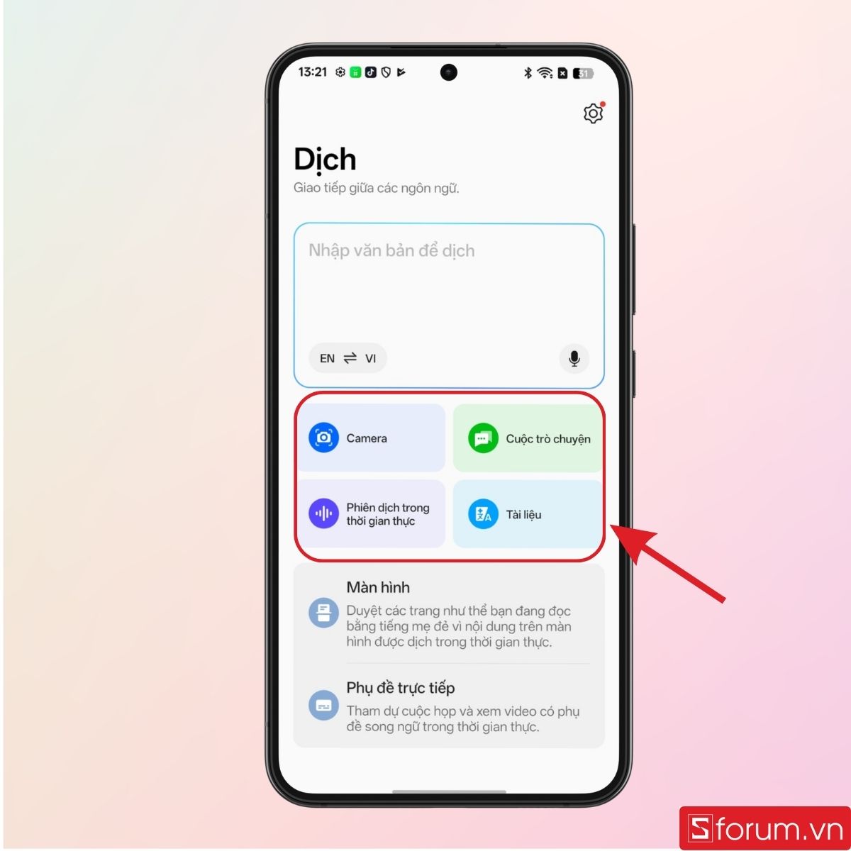 Các tính năng khác nhau trong mục Dịch của OPPO