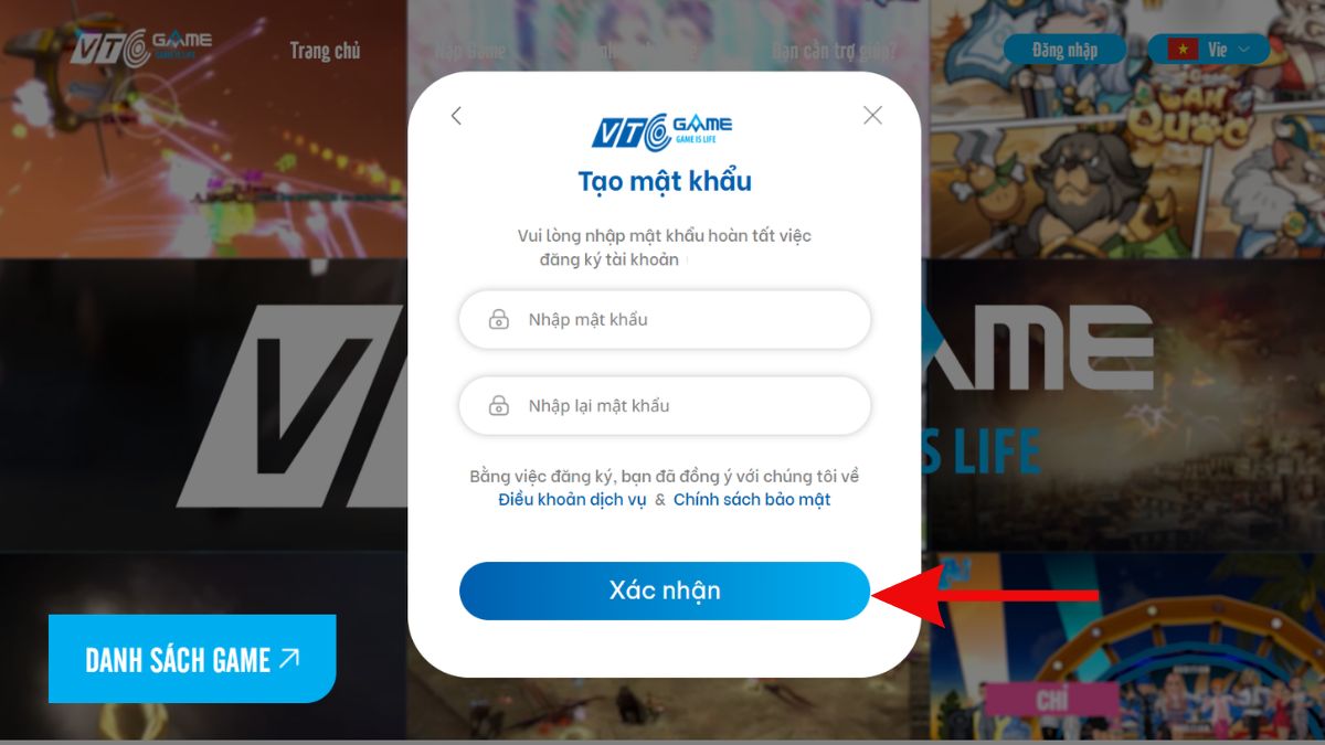 Tạo mật khẩu mới và xác nhận