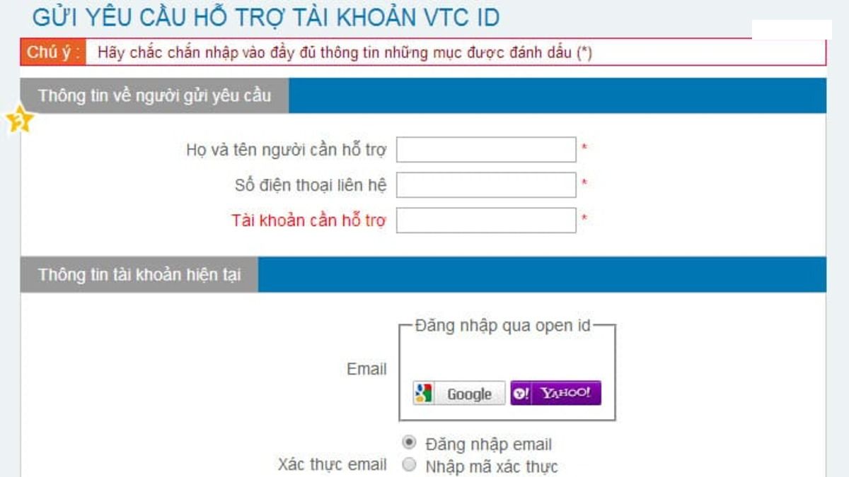 Gửi yêu cầu hỗ trợ khi quên cả email và sdt