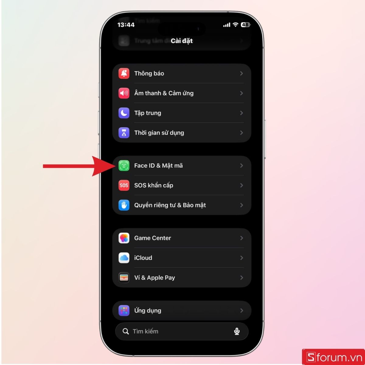 Nhấn trìm mục Face ID & Mật mã