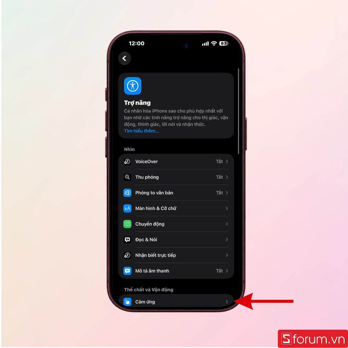 Nhấn chọn mục Cảm ứng