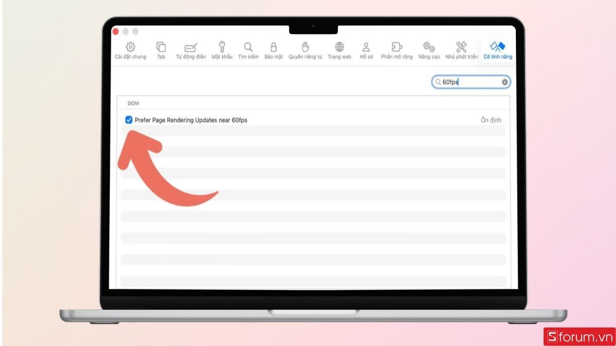 Bật Prefer Page Rendering Updates near 60fps