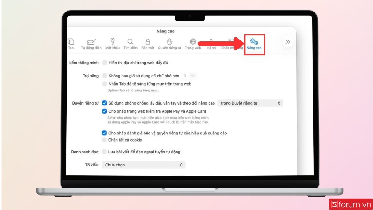 Nhấn chọn mục Nâng cao trong phần Cài đặt
