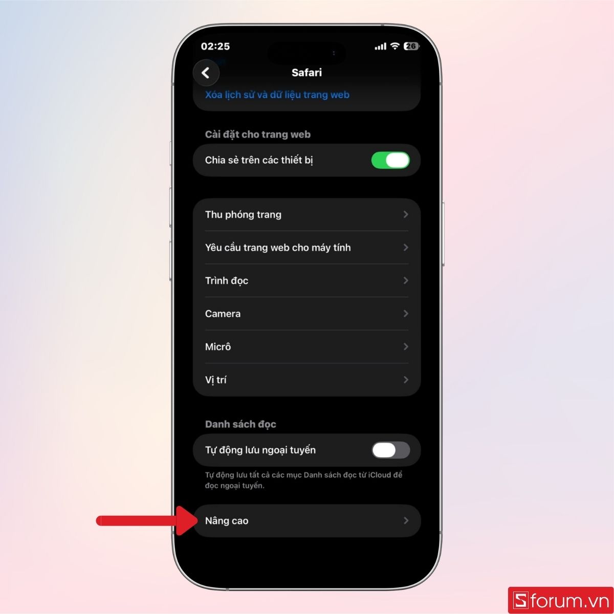 Lướt xuống dưới và chọn Nâng cao