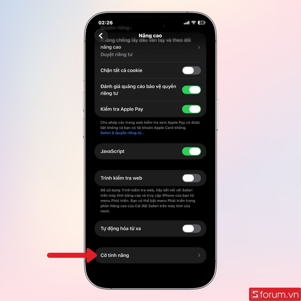 Mở mục Cờ tính năng