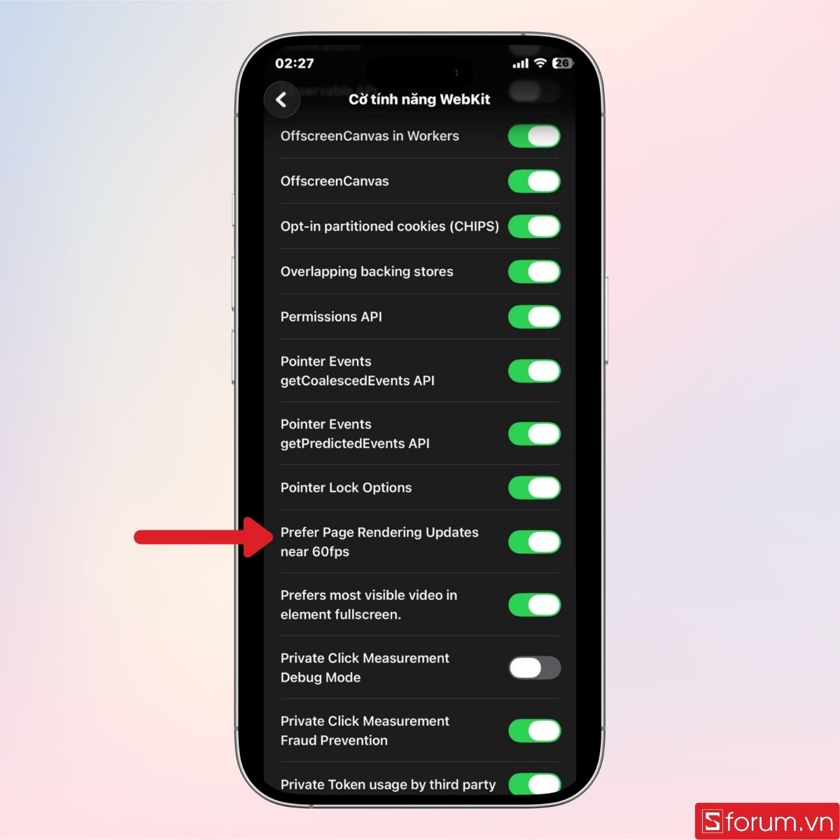 Lướt và tìm mục Prefer Page Rendering Updates near 60fps