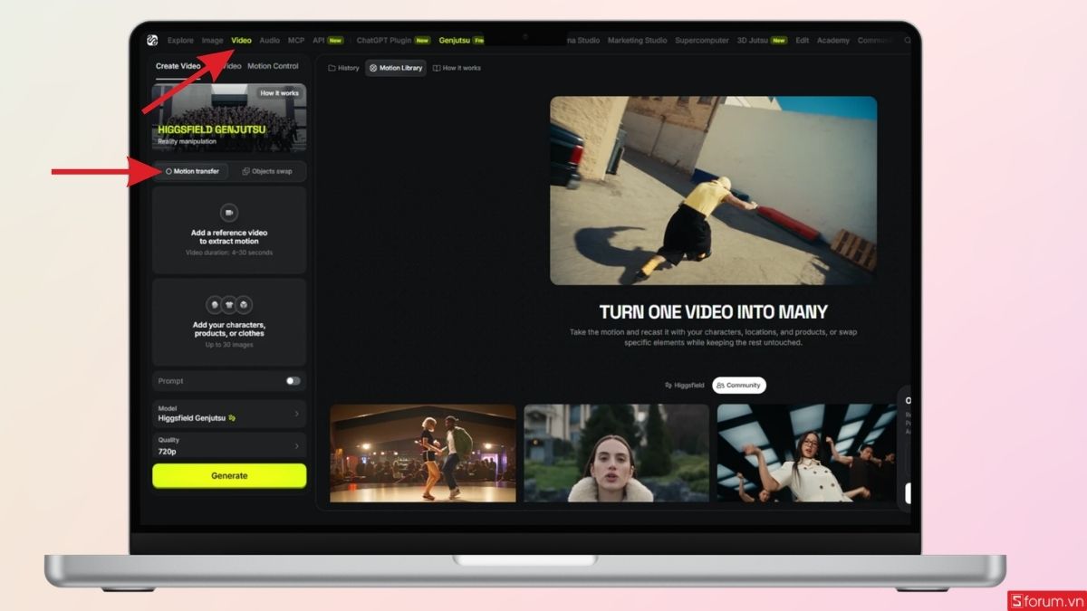 Sử dụng chế độ Motion Transfer trong mục Creat  video
