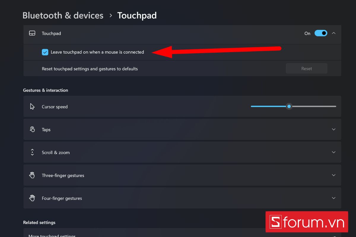 Bật  Leave touchpad on when a mouse is connected