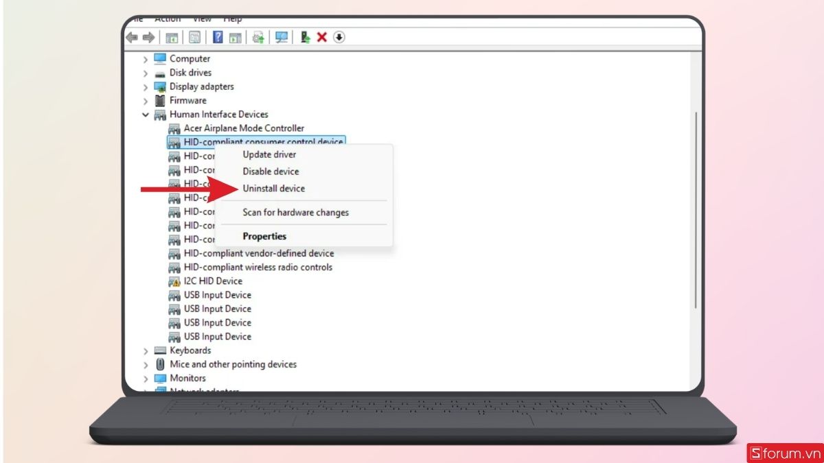 Gỡ cài đặt driver touchpad bằng Uninstall Device