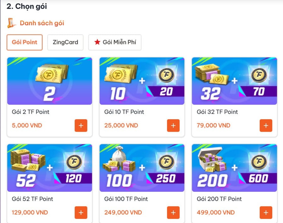Chọn các gói vật phẩm bạn muốn nạp