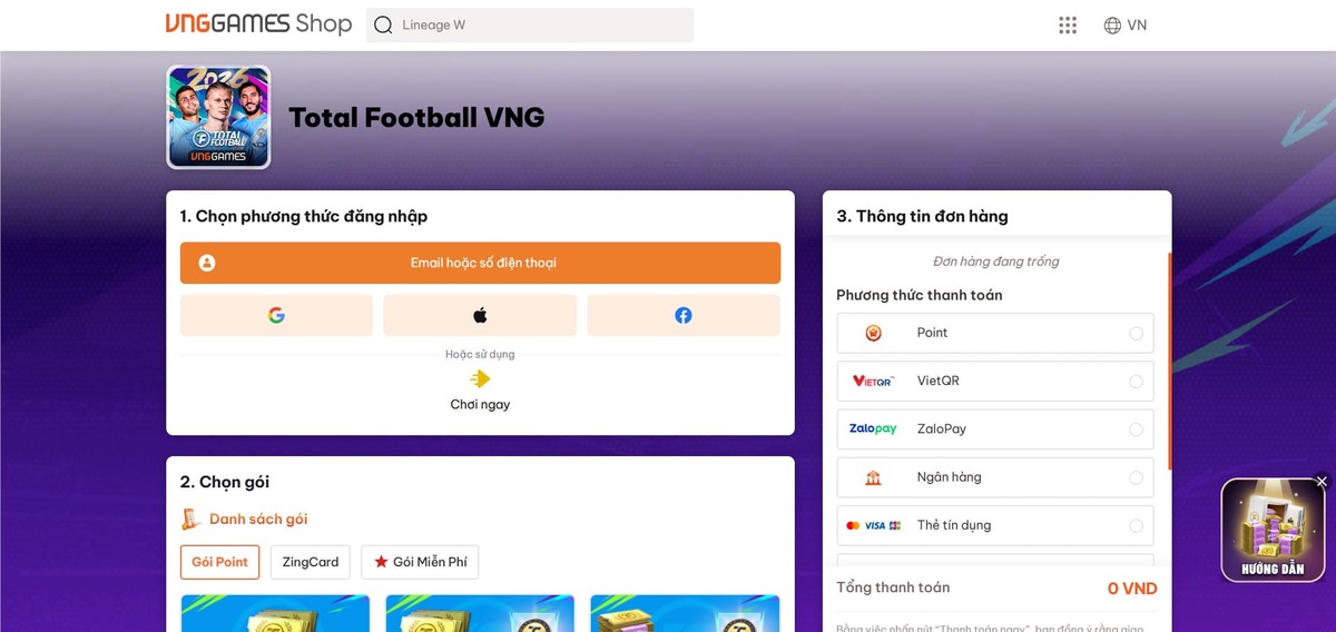 Truy cập trang web Total Football VNGGames Shop