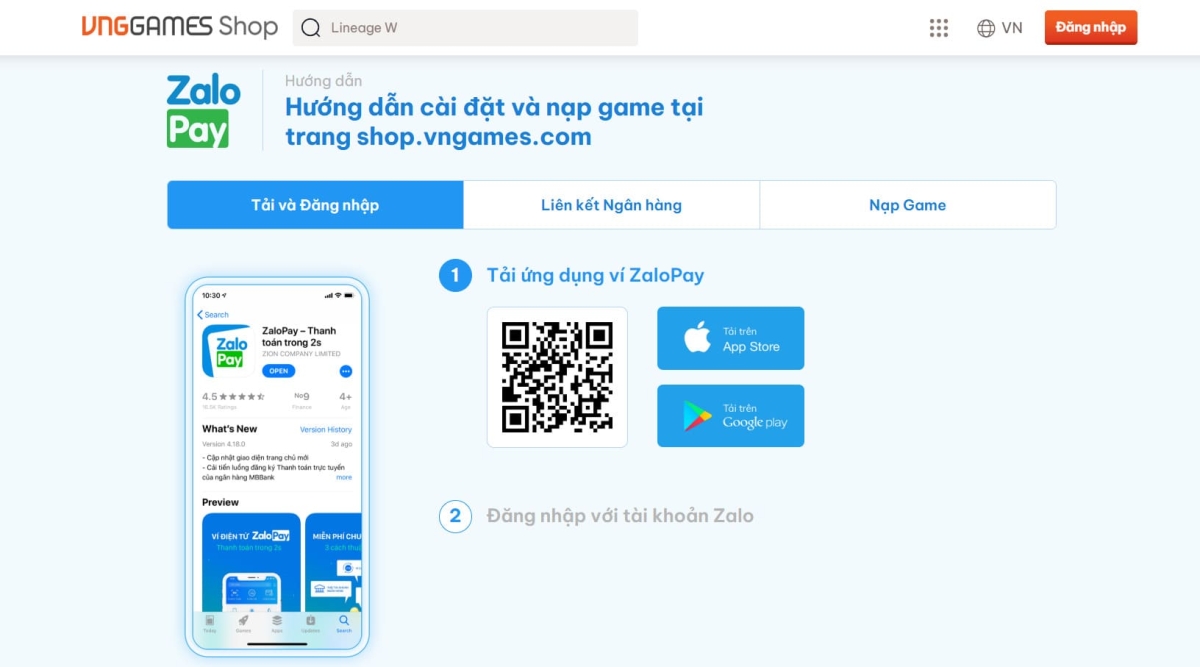 Phương thức thanh toán bằng Zalopay trên VNGGames Shop