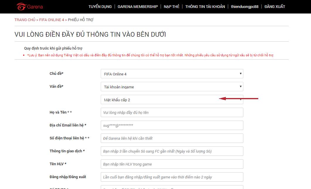 Gửi phiếu thông tin reset pass cấp 2