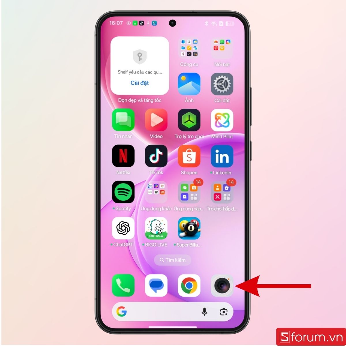Mở Camera trên màn hình chính của điện thoại