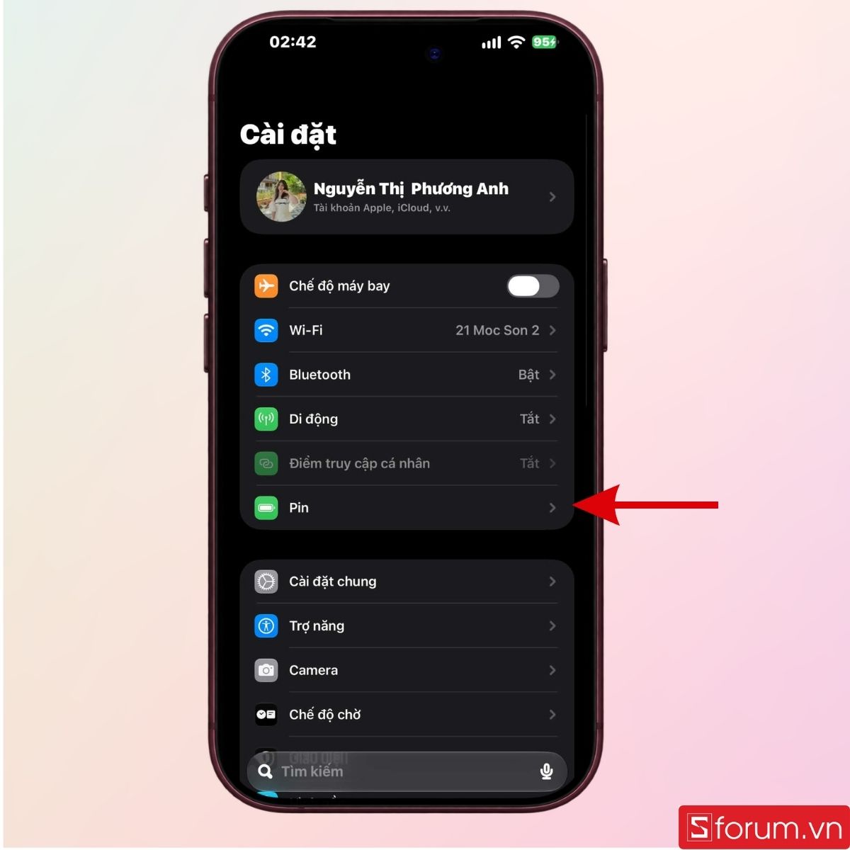 Mở mục Pin trong mục Cài đặt