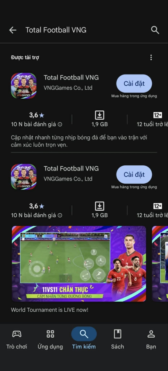 Cài đặt Total Football VNG trên điện thoại Android