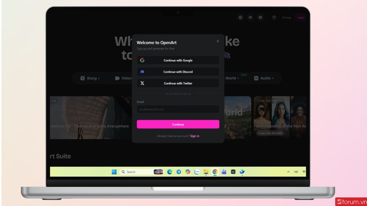 Đăng nhập tài khoản vào OpenArt