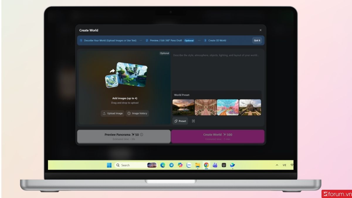Giao diện chính của tính năng Creat World sẽ hiện lên như sau
