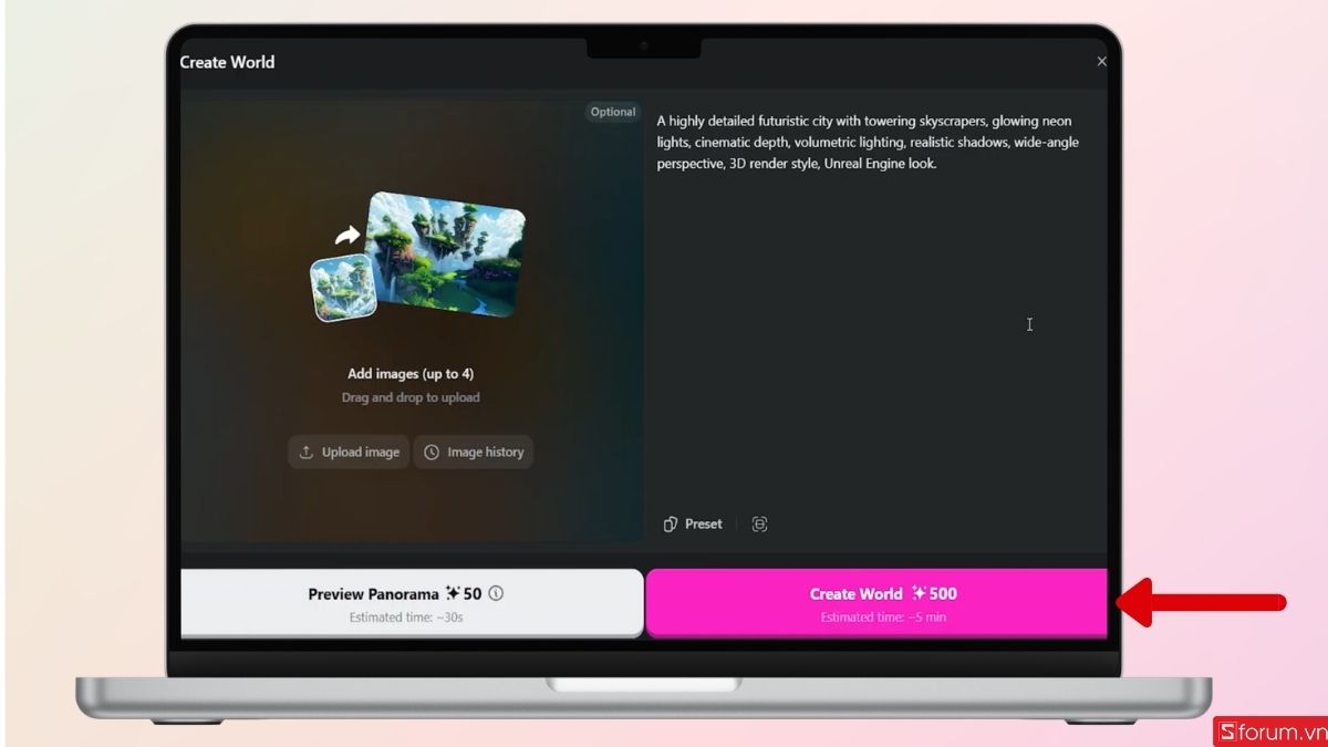 Nhấn vào Creat world để bắt đầu