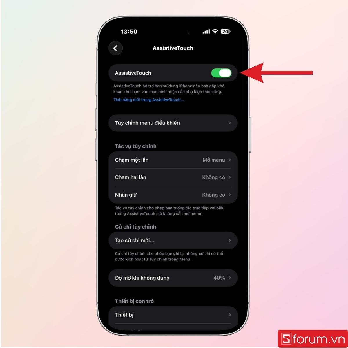Nhấn mở công tắc AssistiveTouch