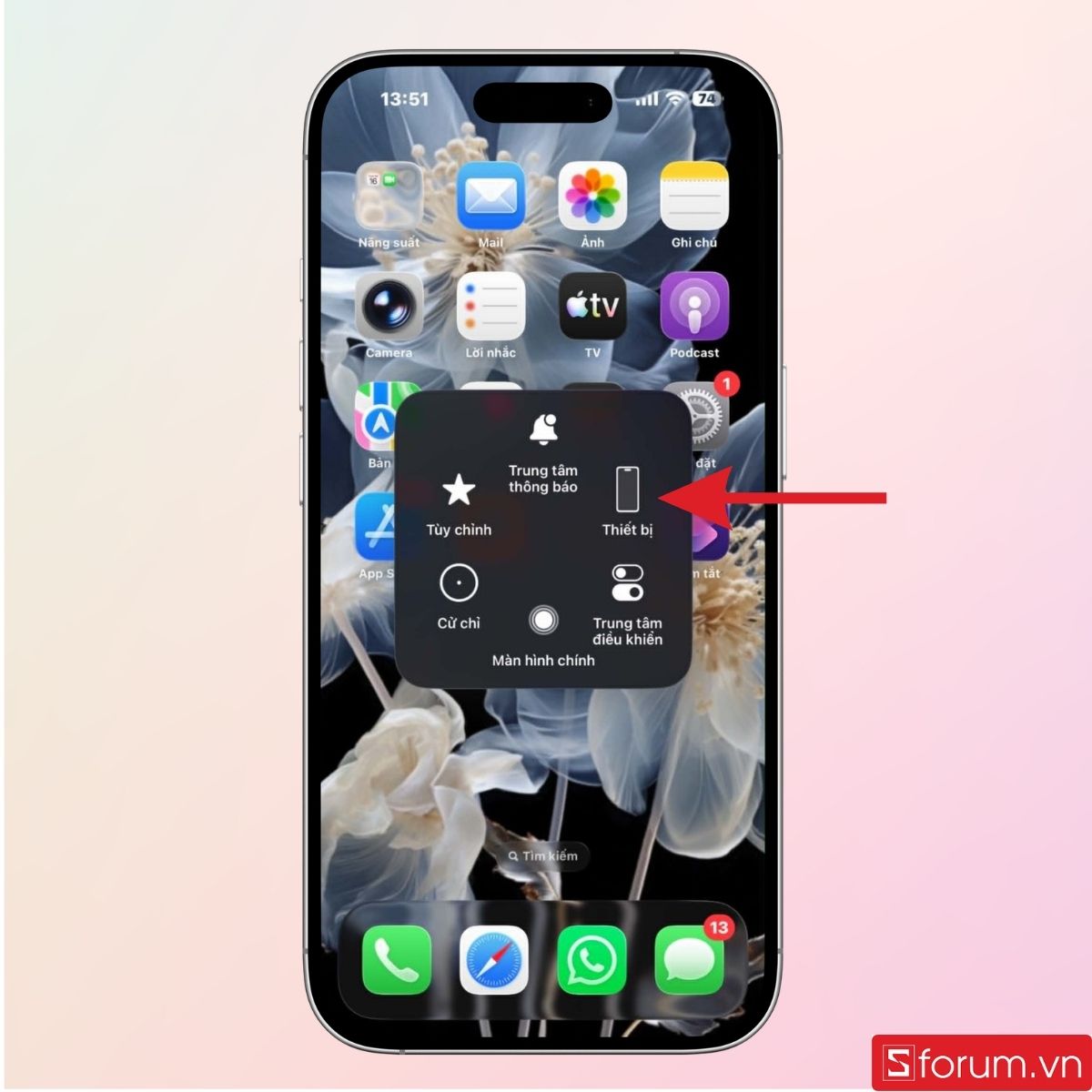 Mở nút ảo và chọn mục Thiết bị