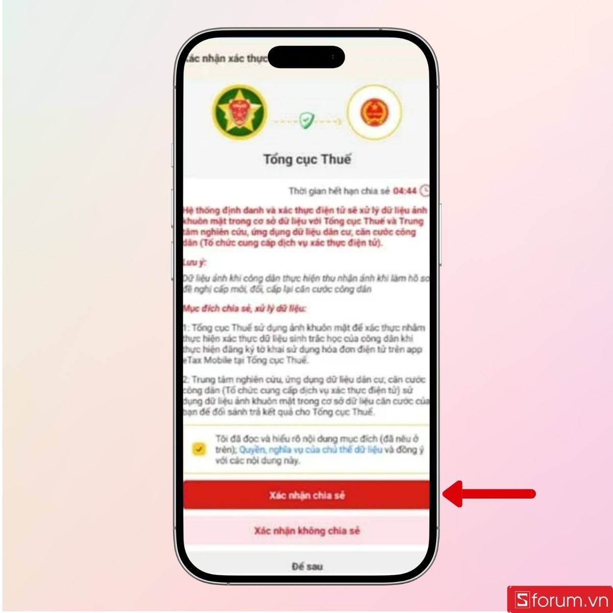 Tiếp tục chọn Xác thực chia sẻ