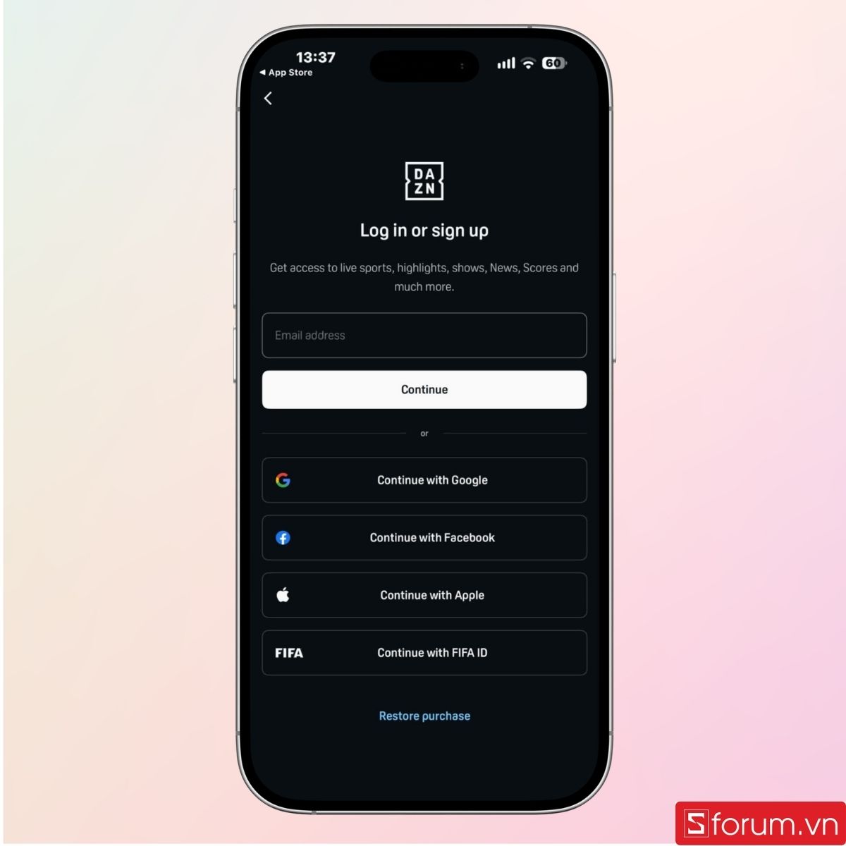 Đăng nhập hoặc đăng ký tài khoản DAZN