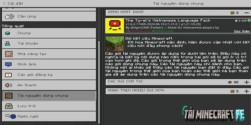 Kích hoạt gói tài nguyên tiếng việt