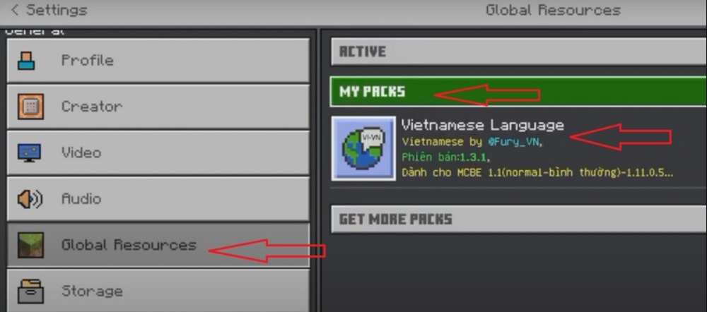 Chọn gói tiếng việt được tải lên trong mục Cài đặt