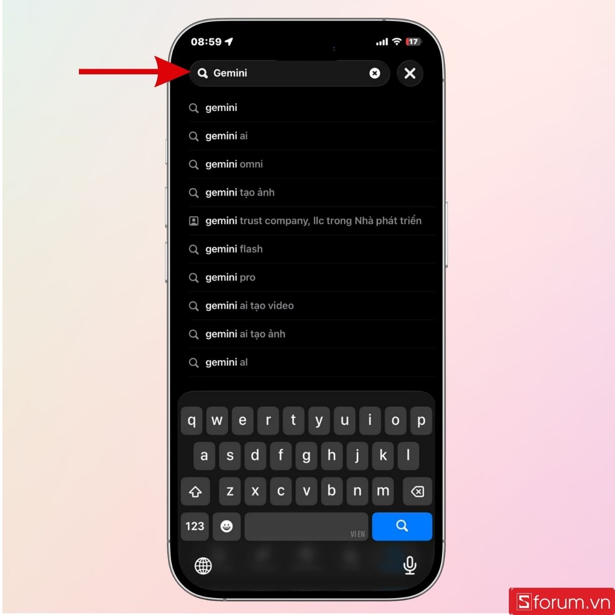 Nhập từ khóa Gemini và tìm kiếm