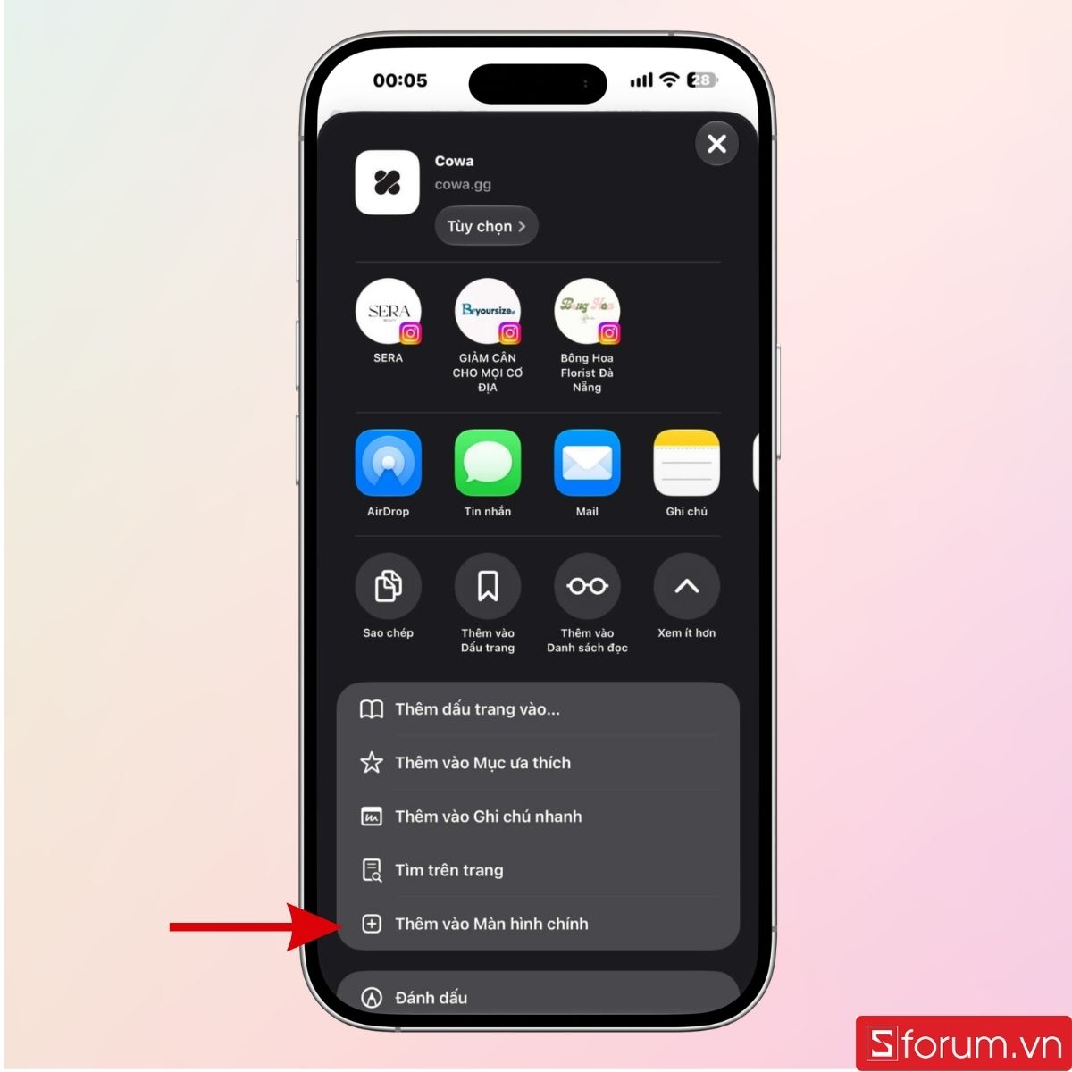 Chọn mục Thêm vào màn hình chính