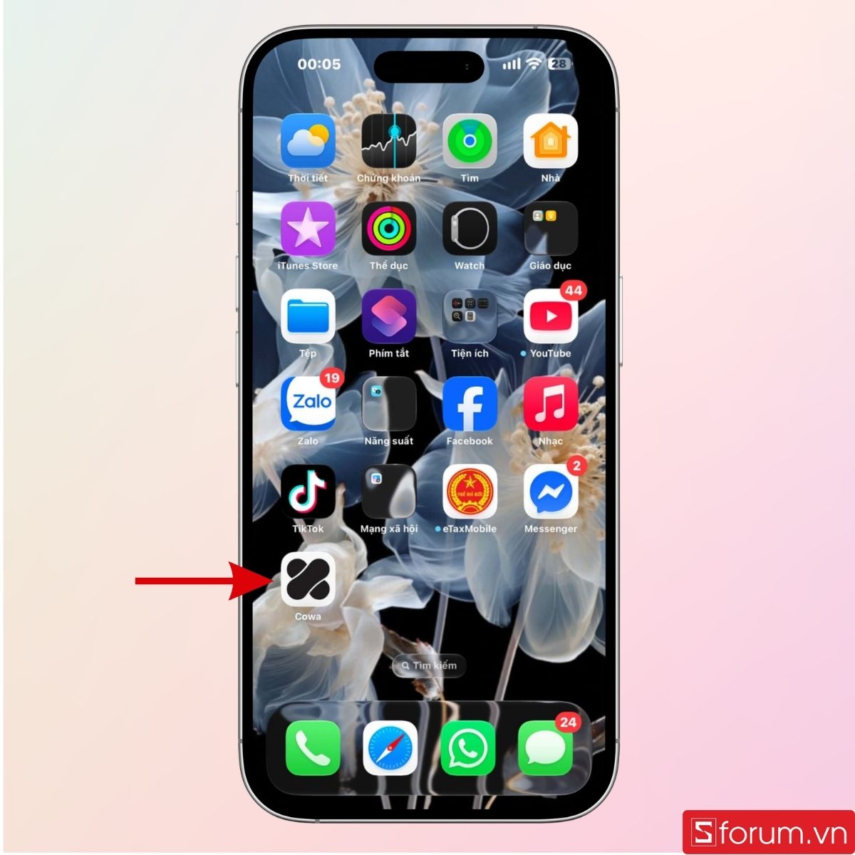 Quay về màn hình chính và mở ứng dụng Cowa