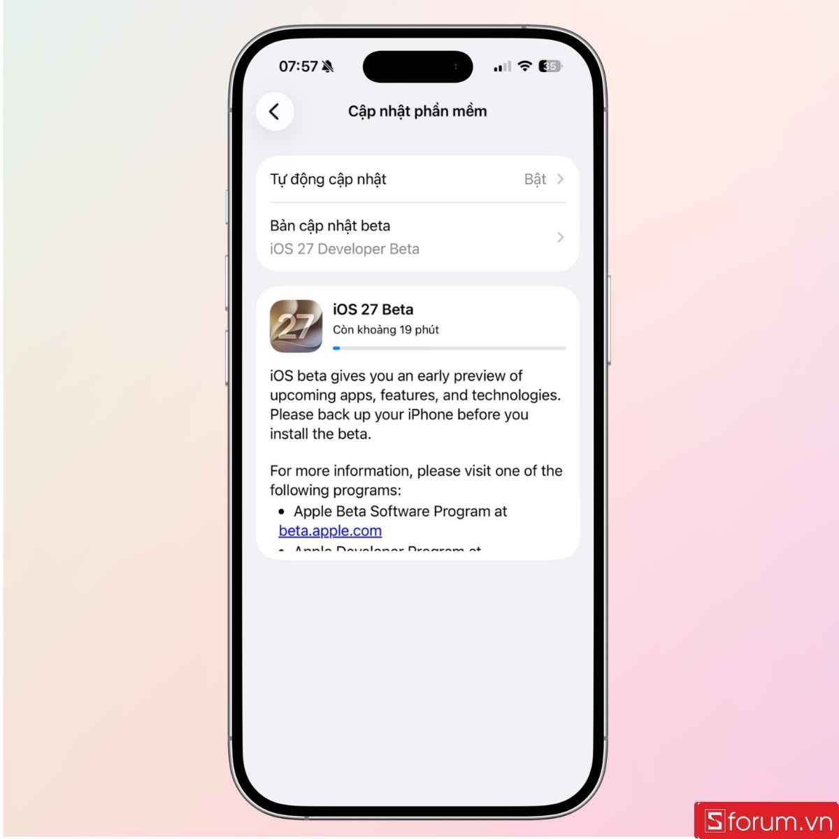 Quá trình cập nhật iOS 27 Beta sẽ diễn ra treong khoảng 15 - 20 phút