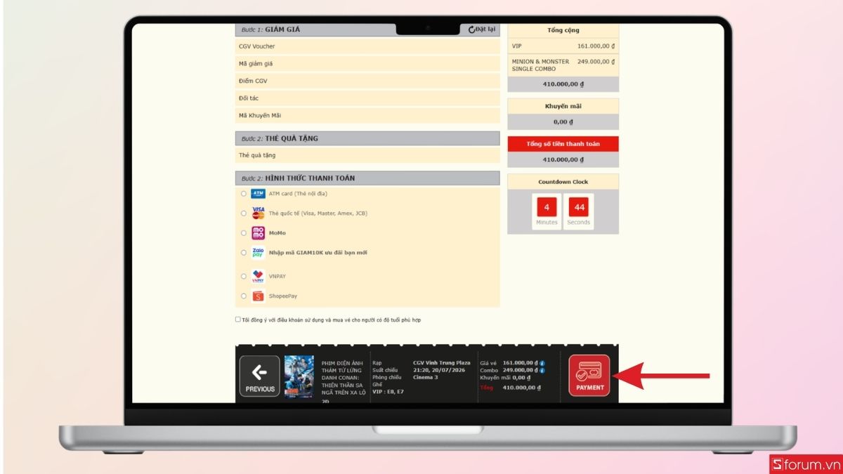 Nhấn Payment để tiến hành thanh toán