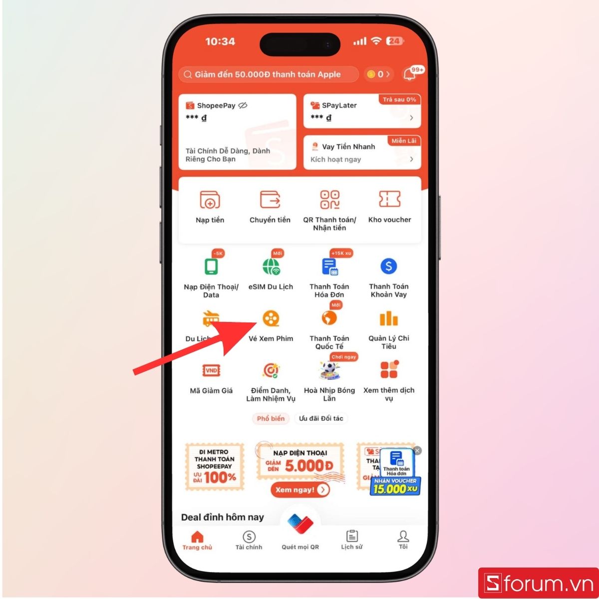 Nhấn vào mục Vé xem phim trên trang chủ