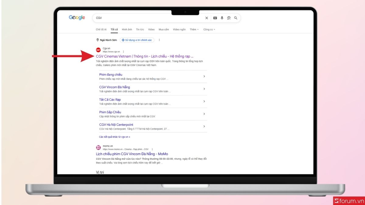 Tìm trang web CGV trên trình duyệt web