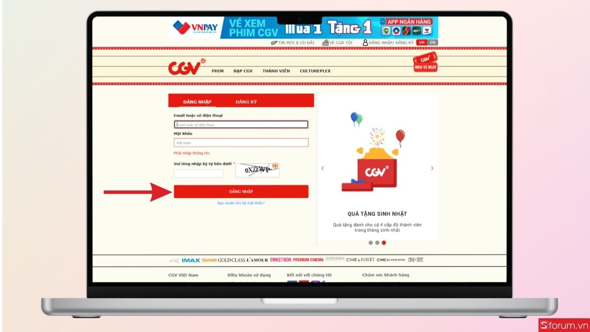 Tiến hành đăng nhập tài khoản vào CGV