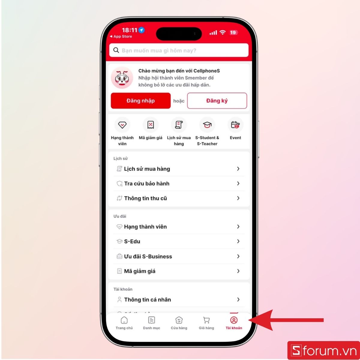 Mở app và nhấn vào mục tài khoản