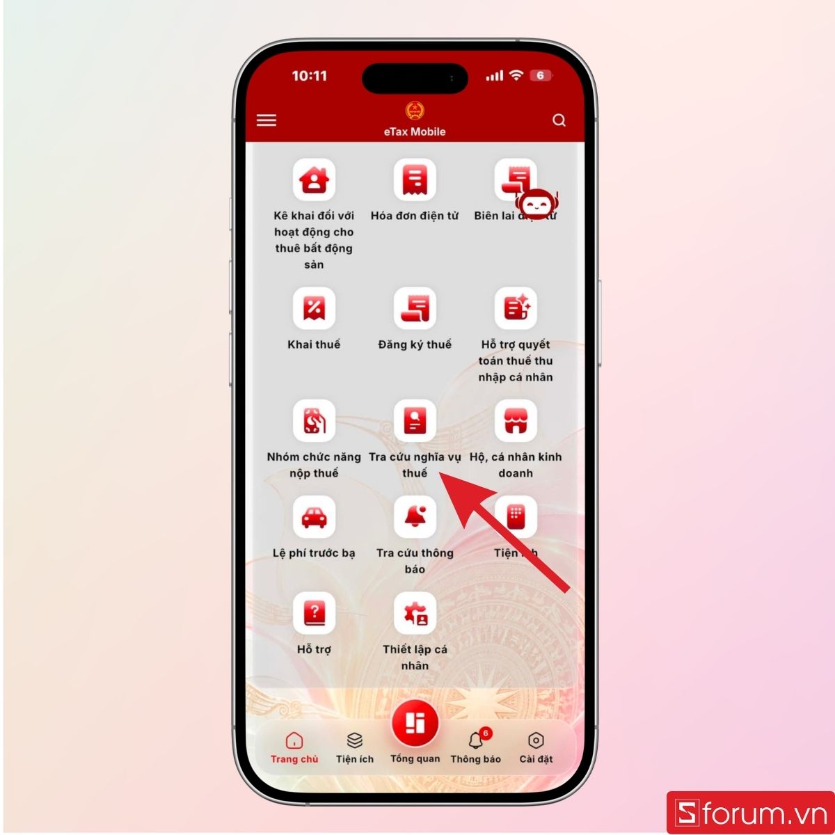 Ở màn hình chính, lướt xuống dưới để nhấn chọn Tra cứu nghĩa vụ thuế