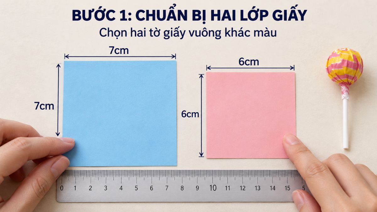 Chuẩn bị 2 tờ giấy màu và kẹo