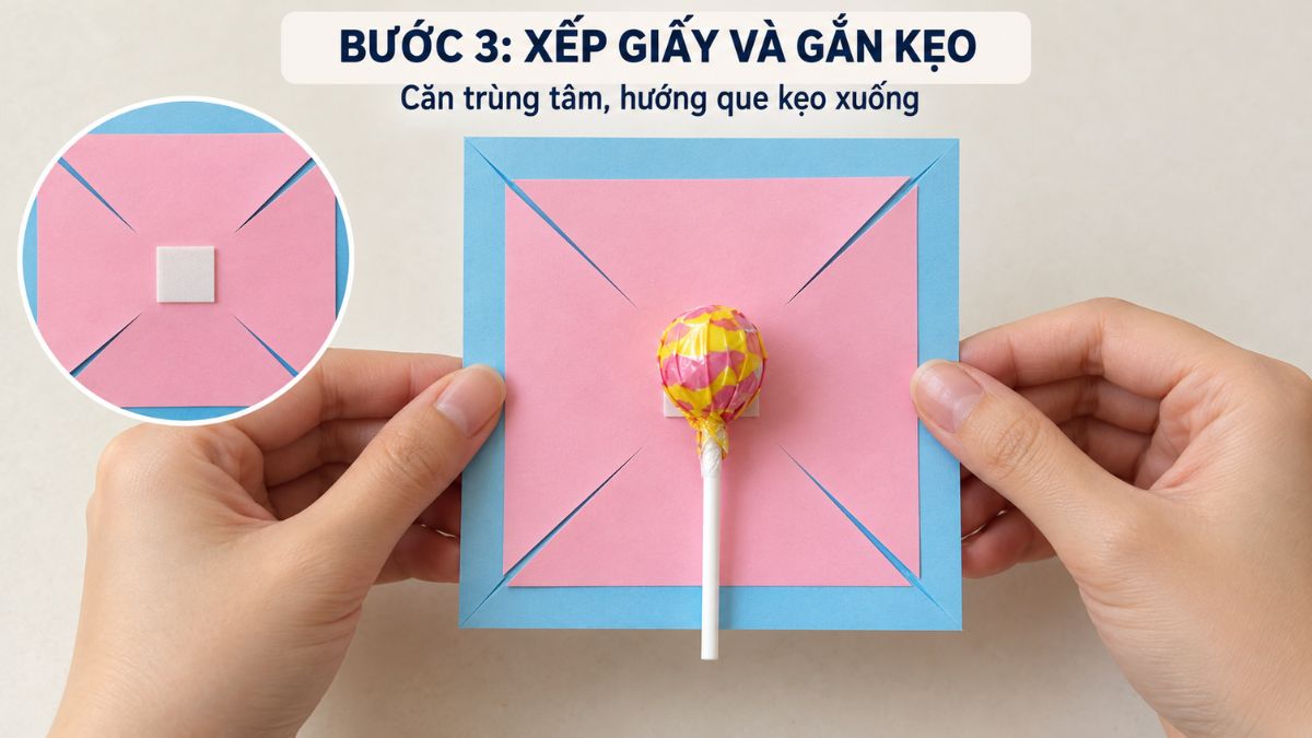 Bắt đầu xếp từng nếp gấp giấy và gắn kẹo
